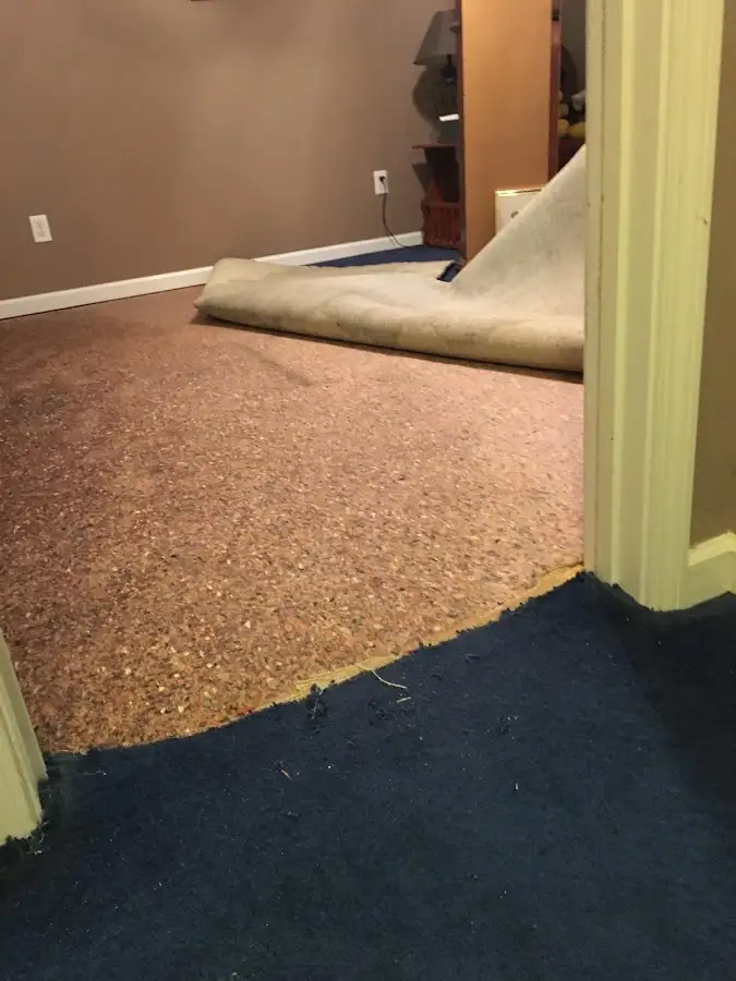 Carpet pad removal revealing water damage during Drying & Dehumidification in Riverdale